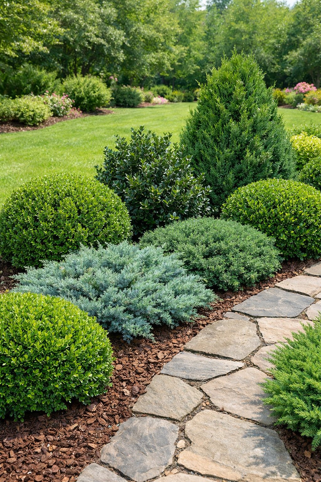 A garden with various native evergreen shrubs arranged along stone pathways and mulch beds, surrounded by a green lawn and flowering plants.