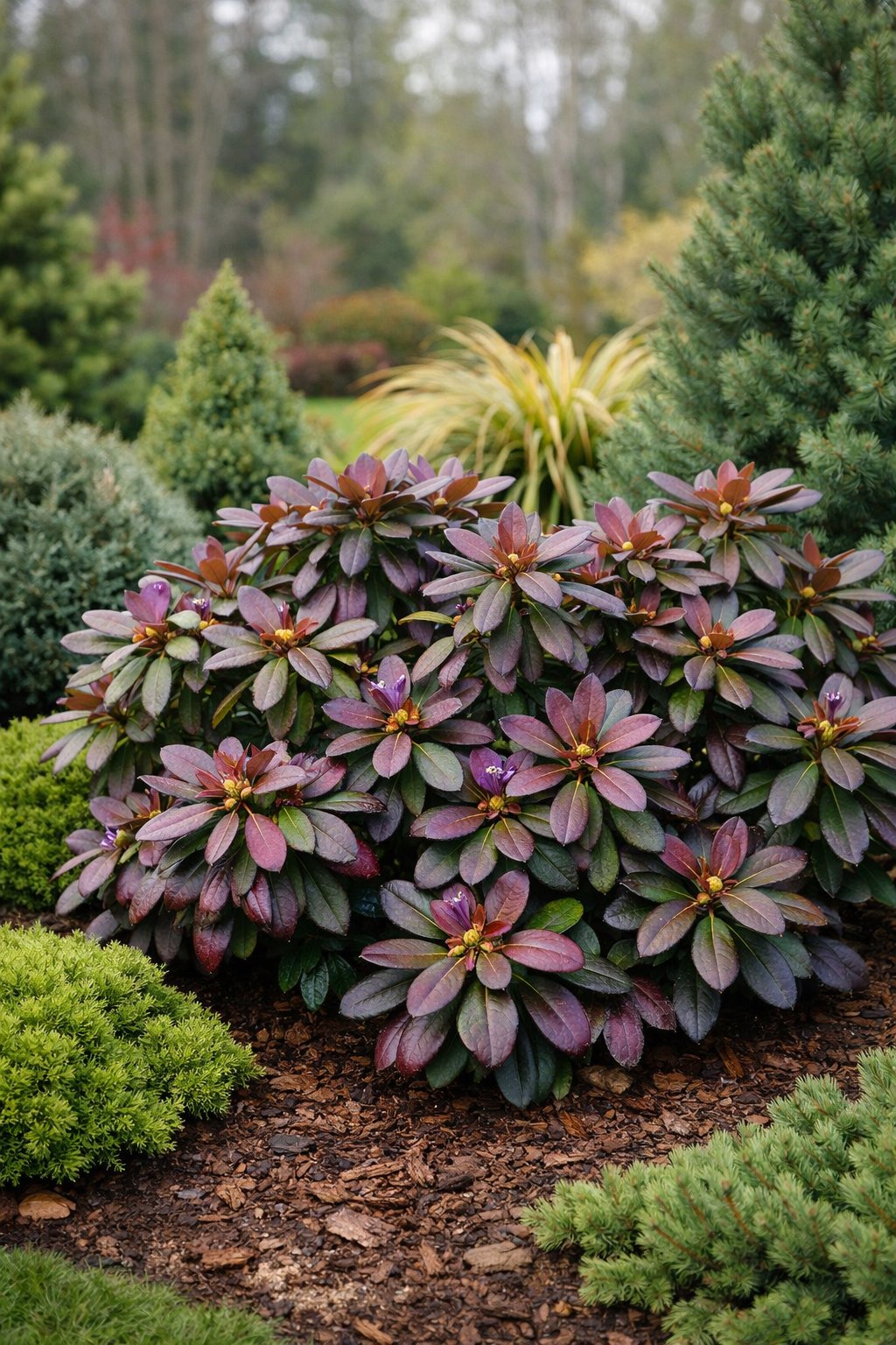 A garden scene with vibrant Rhododendron ‘P.J.M.’ shrubs displaying colorful evergreen foliage surrounded by other green plants.