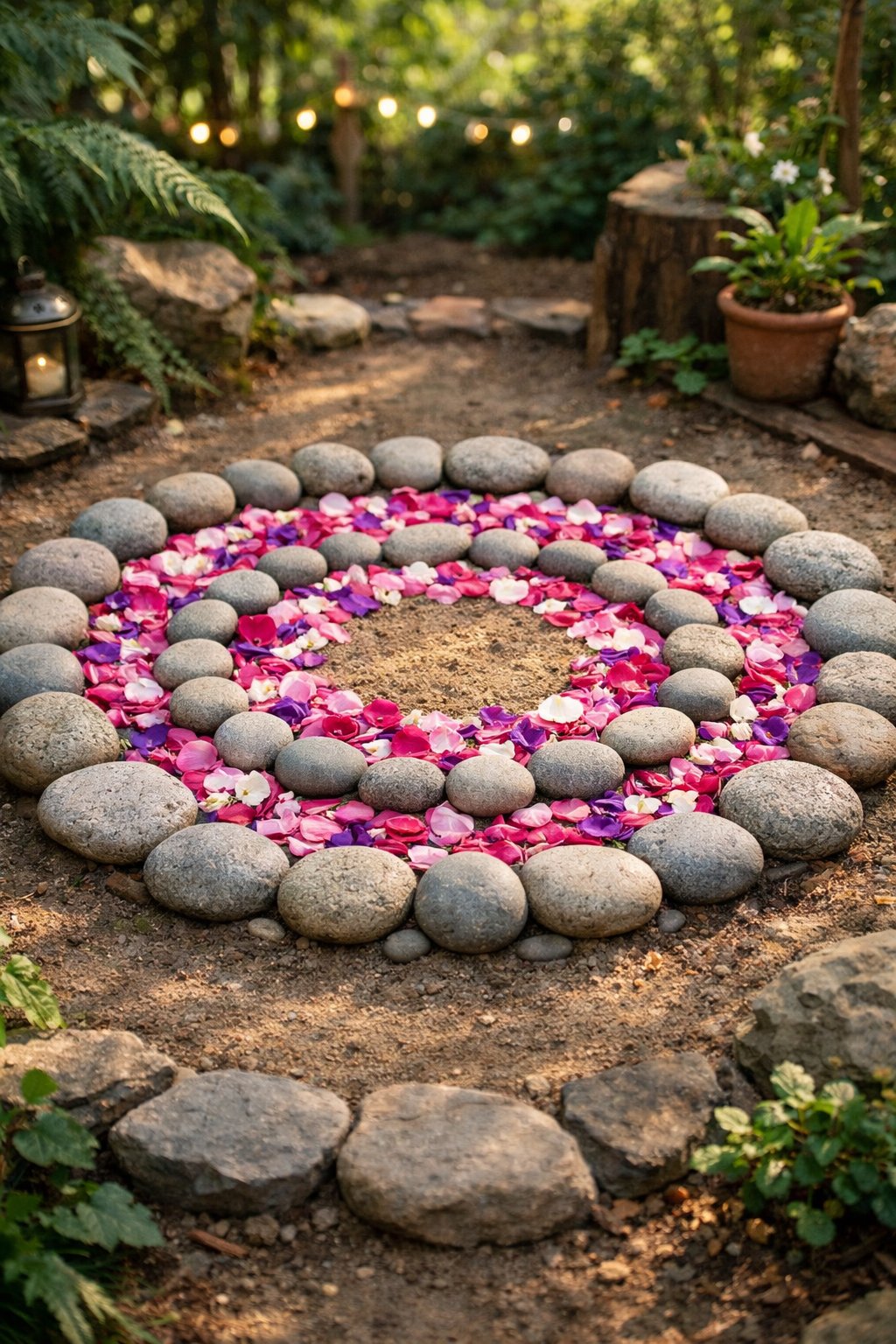 A meditation circle made of smooth stones and colorful flower petals arranged on the ground in a peaceful garden setting.