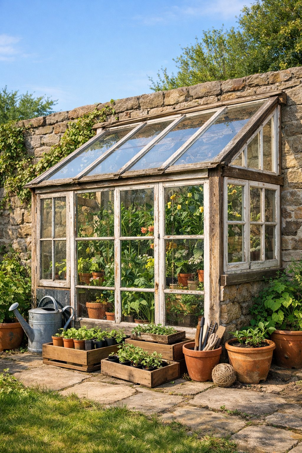 A lean-to greenhouse made from salvaged windows attached to a stone garden wall, surrounded by plants and gardening tools.