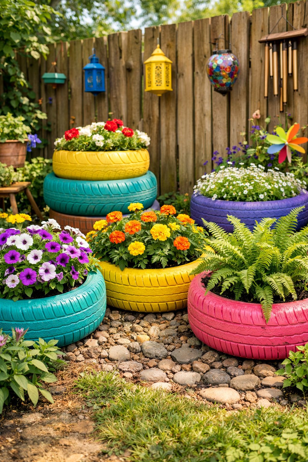 Colorful garden planters made from painted old tires filled with green plants and flowers in a sunny backyard.