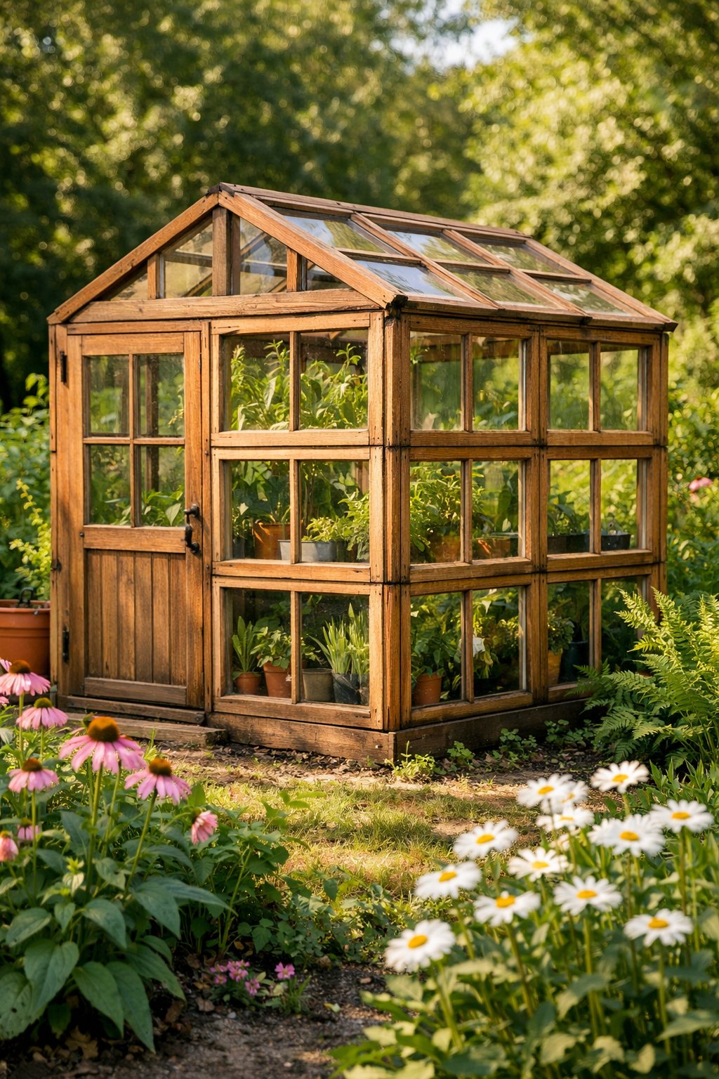 A cube-shaped greenhouse made by stacking wooden window frames in a garden surrounded by plants and flowers.