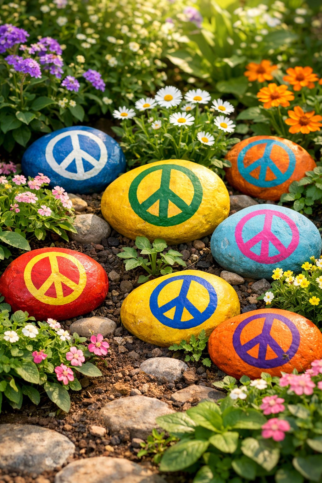 A garden with colorful rocks painted with peace signs placed among green plants and flowers.