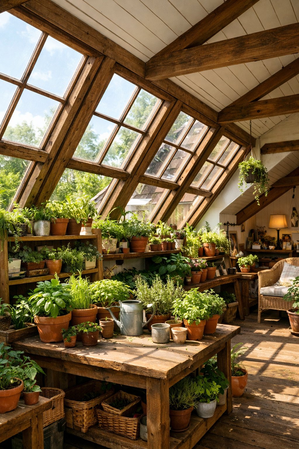 An attic room converted into a greenhouse with large angled windows letting in sunlight, filled with various green plants on wooden shelves.