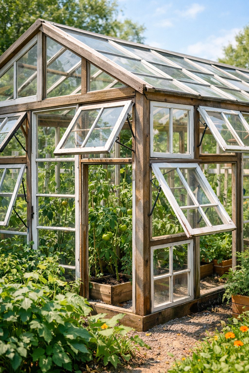 A greenhouse made from recycled windows with hinged windows open, surrounded by green plants in a garden.