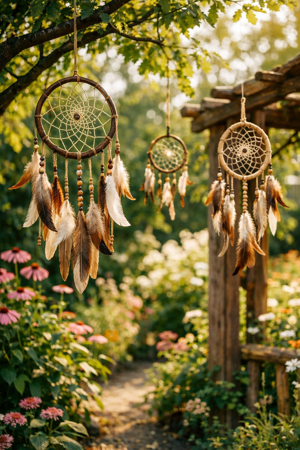 A garden with handmade dreamcatchers hanging from trees surrounded by green plants and flowers.