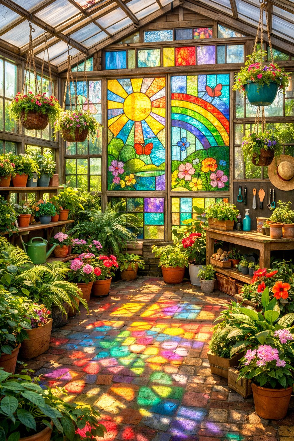A greenhouse filled with green plants illuminated by colorful light from stained glass windows made of recycled window panes.