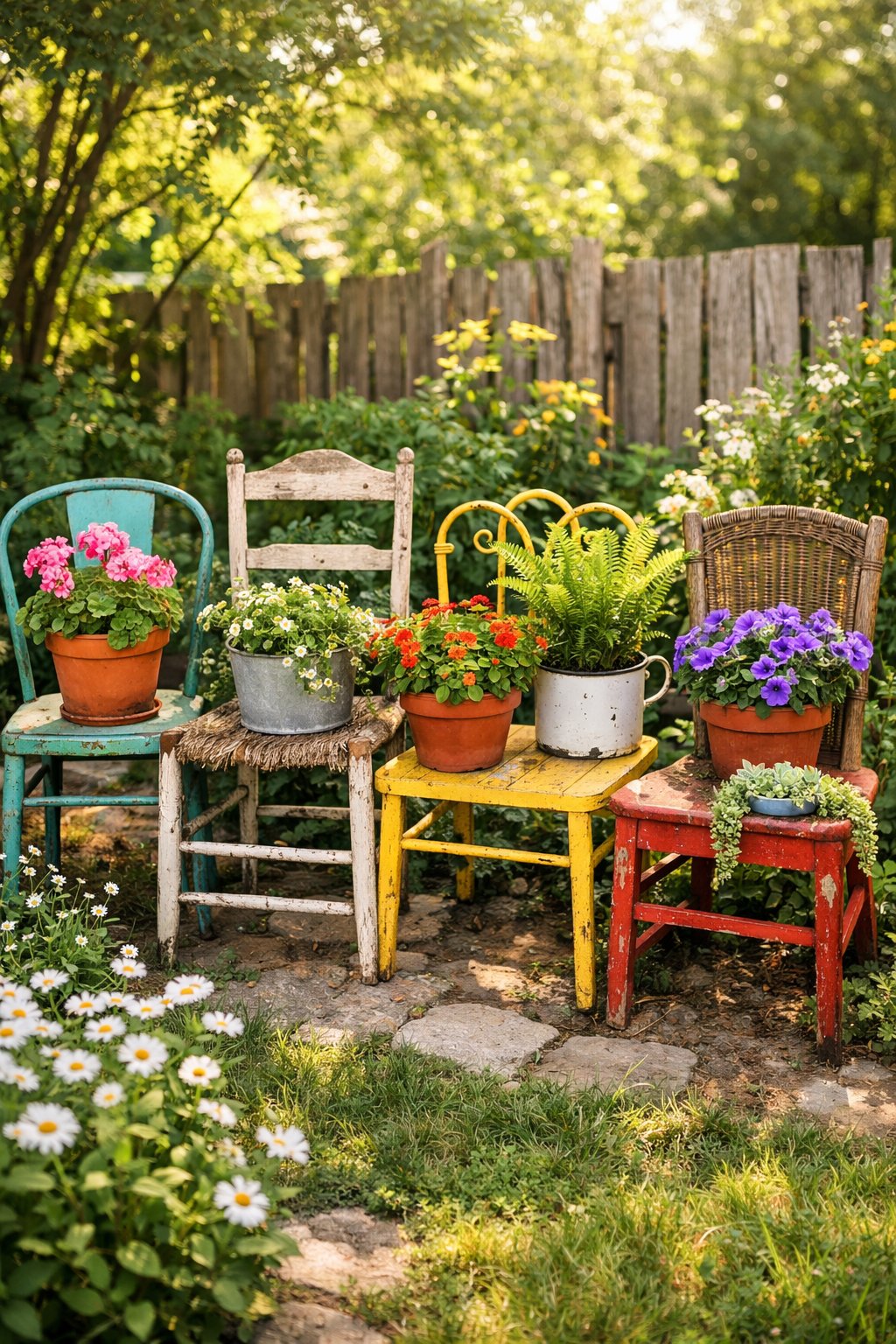 A garden with different vintage chairs used as stands for potted plants and flowers, surrounded by greenery and sunlight.