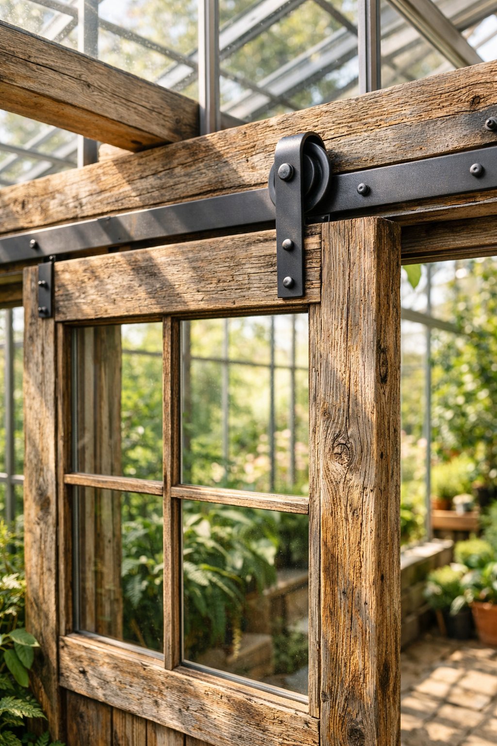 Sliding barn-style windows with reclaimed wood frames installed in a greenhouse filled with green plants and sunlight.