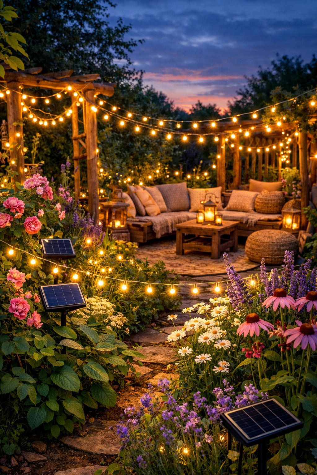A garden at twilight with solar-powered fairy lights glowing softly among plants and flowers around a cozy seating area.