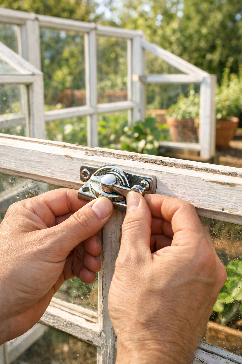 Close-up of hands securing window sash locks on recycled window panels in a garden greenhouse.