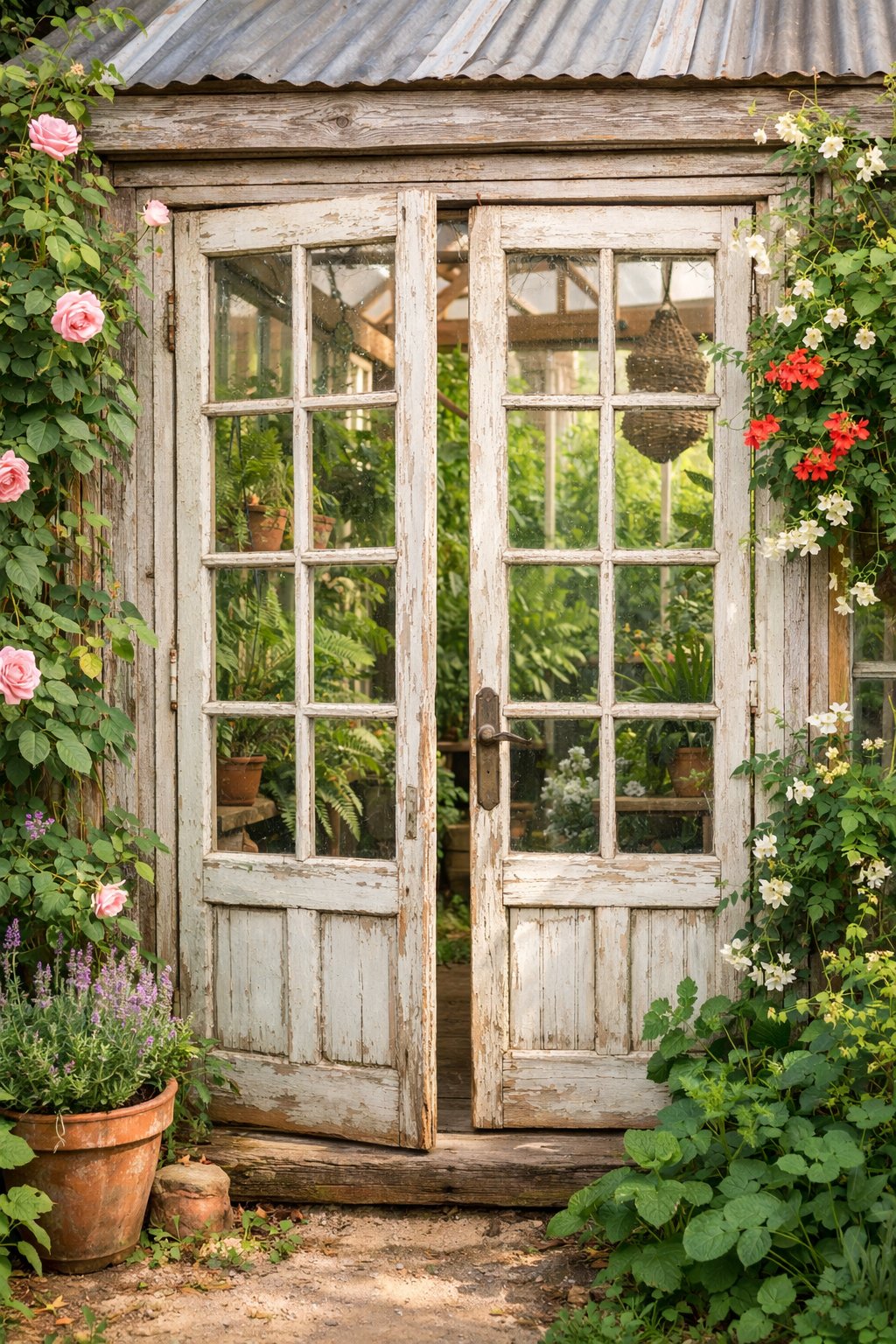 A greenhouse door framed with an old French window surrounded by green plants and flowers in a garden.