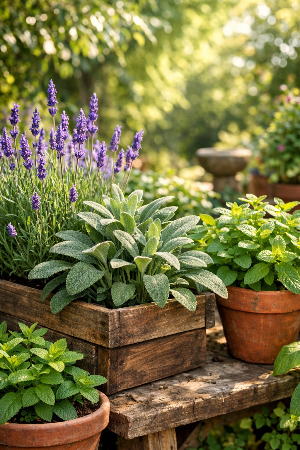 A sunlit garden with lavender, sage, and peppermint plants growing in wooden and terracotta containers surrounded by greenery.