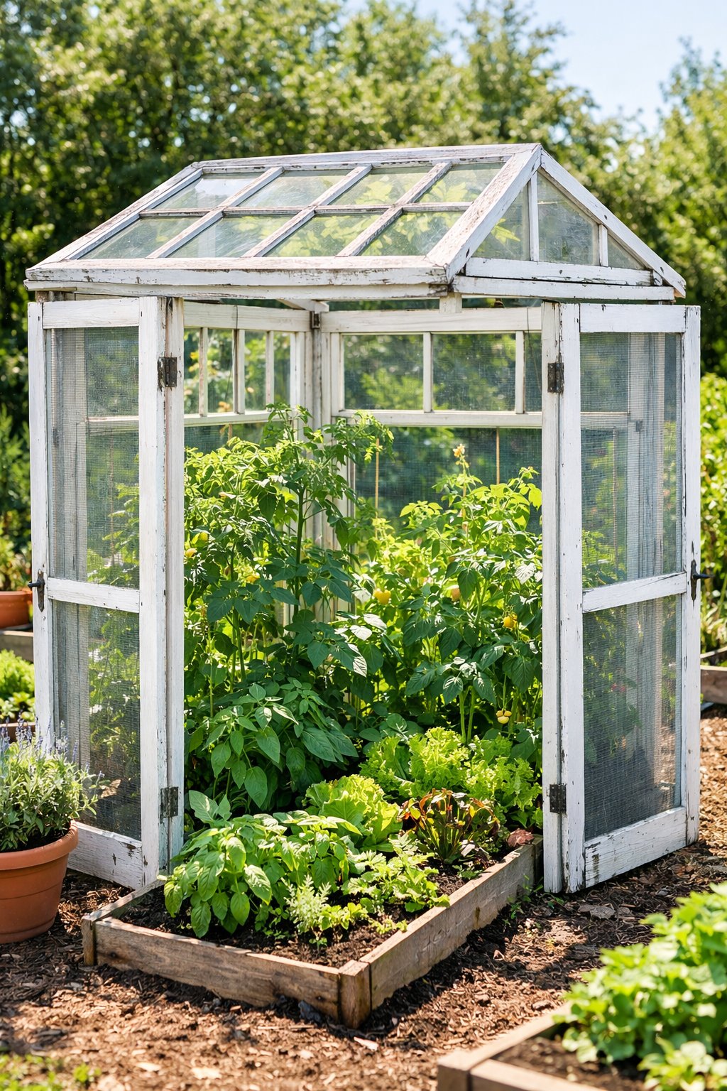 A garden greenhouse made from old screen doors and window frames with plants growing inside and sunlight shining through.