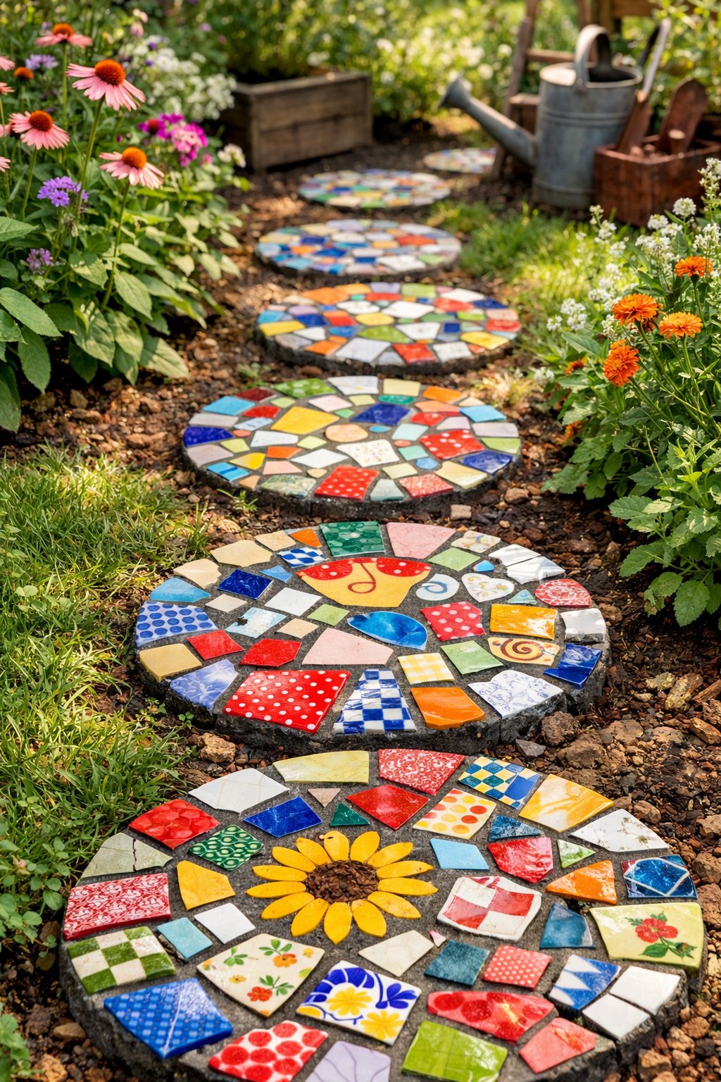 A garden path with colorful mosaic stepping stones made from various patterned tiles surrounded by green plants and flowers.