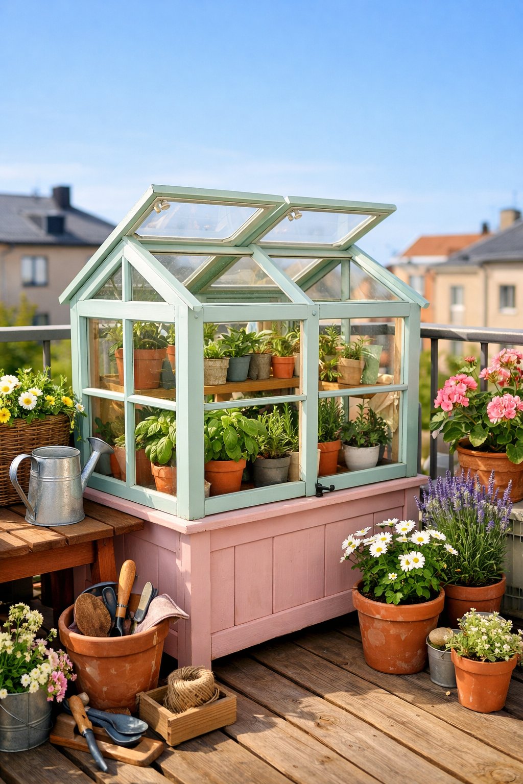 A small greenhouse made from recycled window frames on a balcony filled with green plants and flowers.