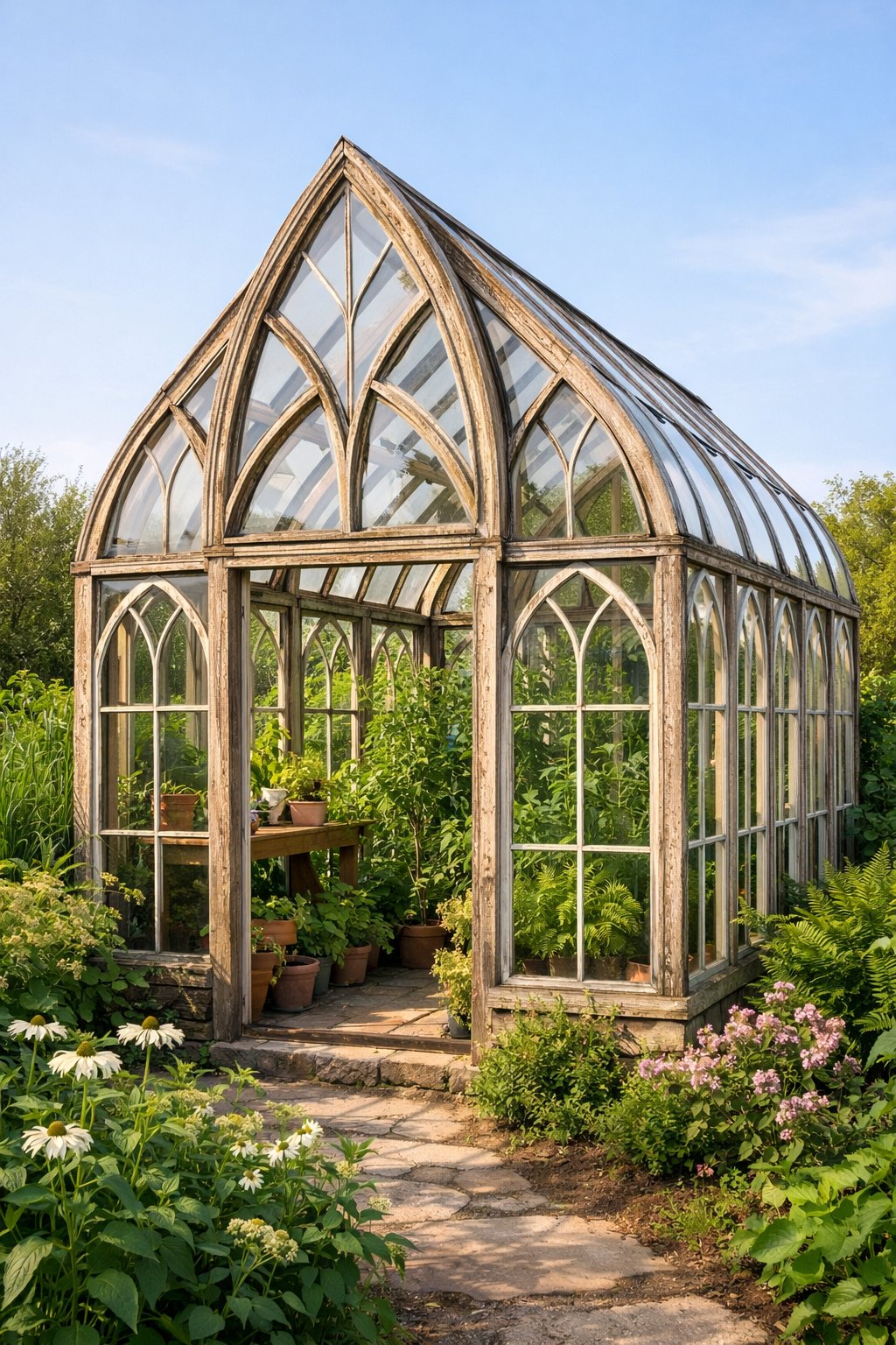 A greenhouse made from recycled arched window tops surrounded by plants in a garden.