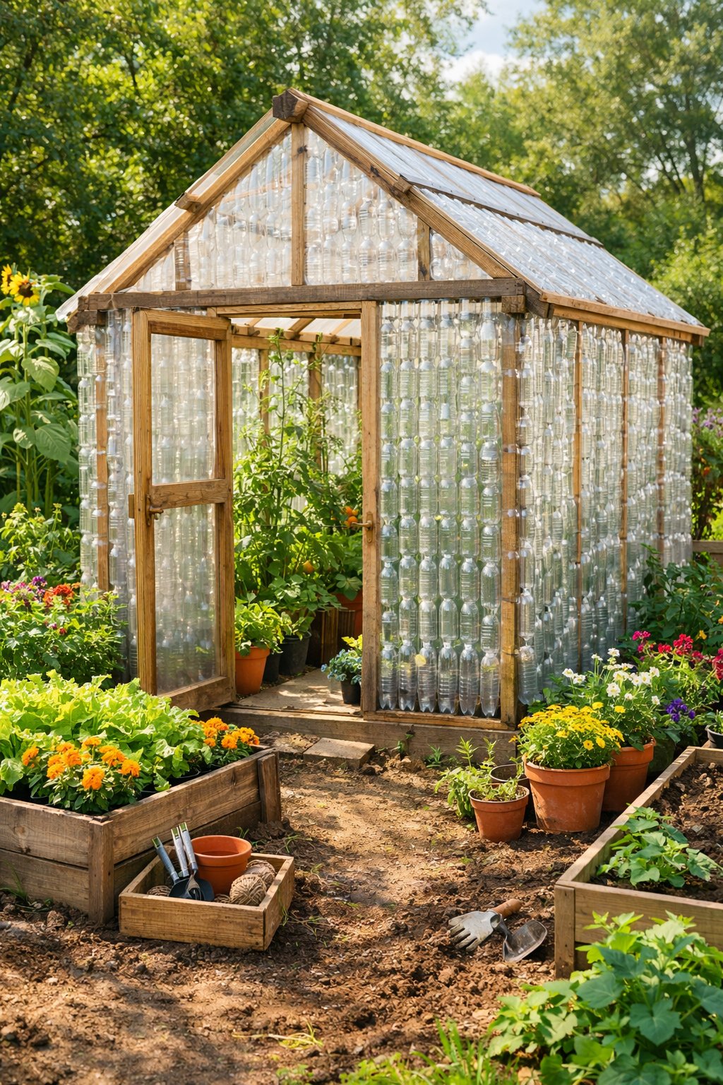 A small greenhouse made from recycled plastic bottles in a garden filled with green plants and flowers.