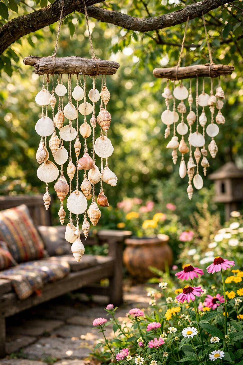 Wind chimes made of shells and driftwood hanging in a green garden with flowers and sunlight.
