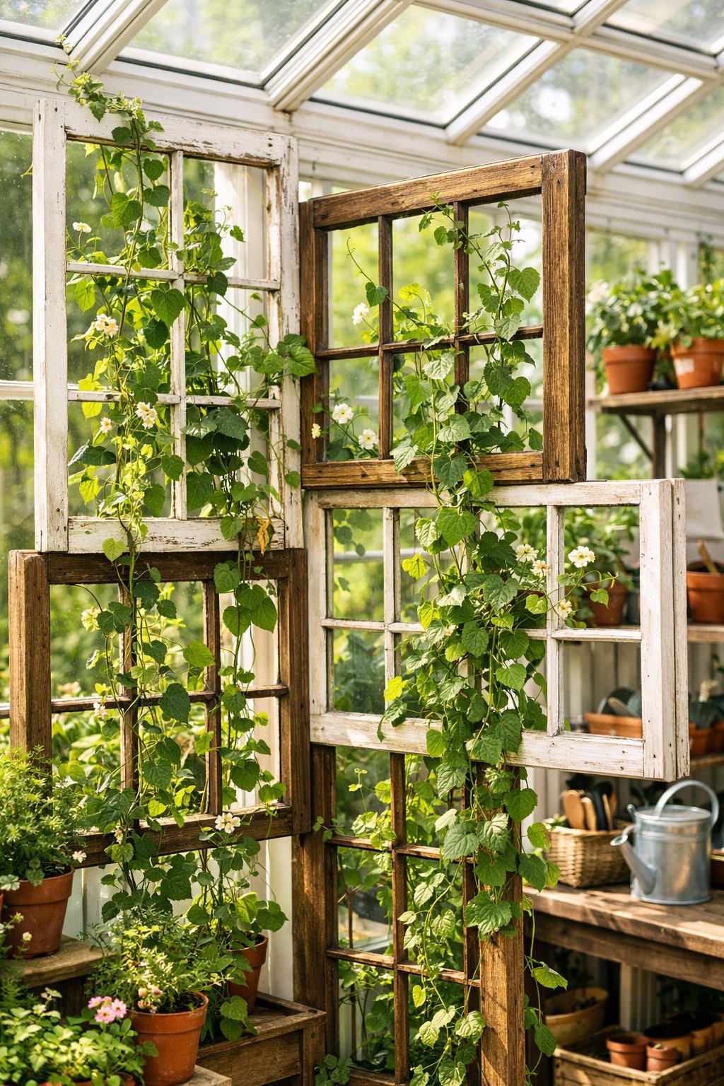 Inside a greenhouse, wooden window panes are used as trellises supporting climbing plants surrounded by other greenery and gardening tools.