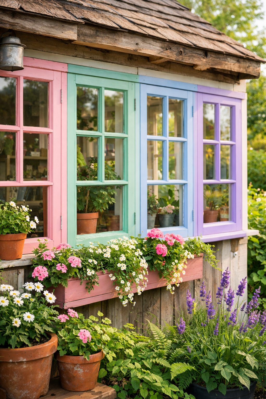 A vintage cottage exterior with window frames painted in pastel colors and multiple recycled windows arranged like a greenhouse, surrounded by plants and flowers.