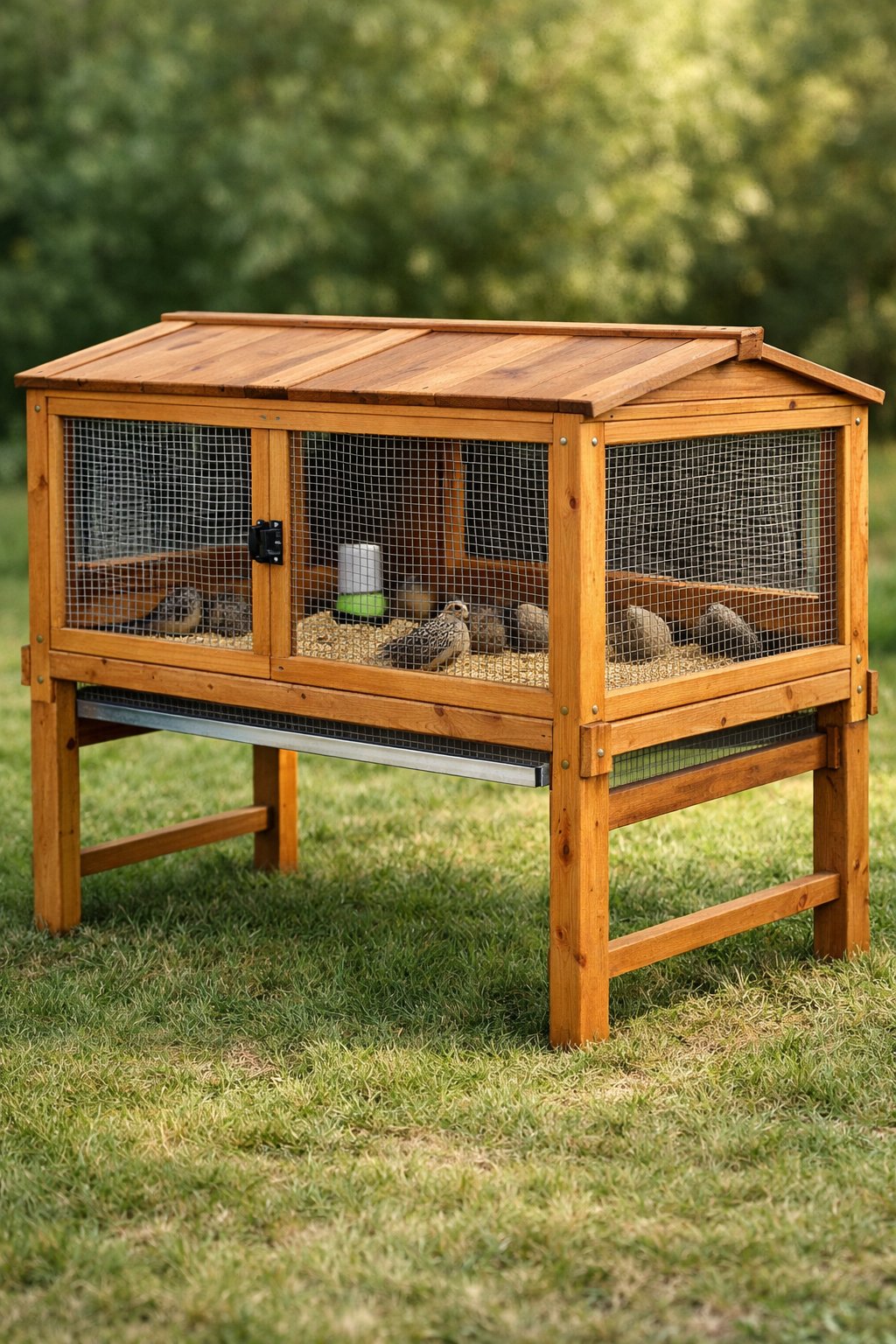 Elevated wooden quail enclosure with wire mesh sides outdoors on grass.