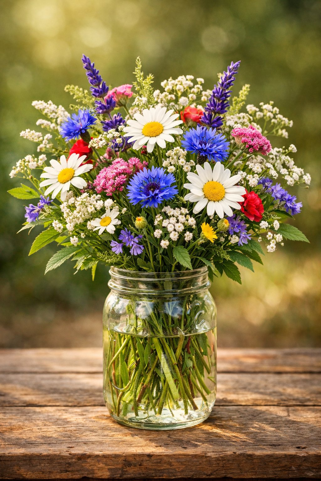 A mason jar filled with a colorful bouquet of wildflowers sitting on a wooden surface.