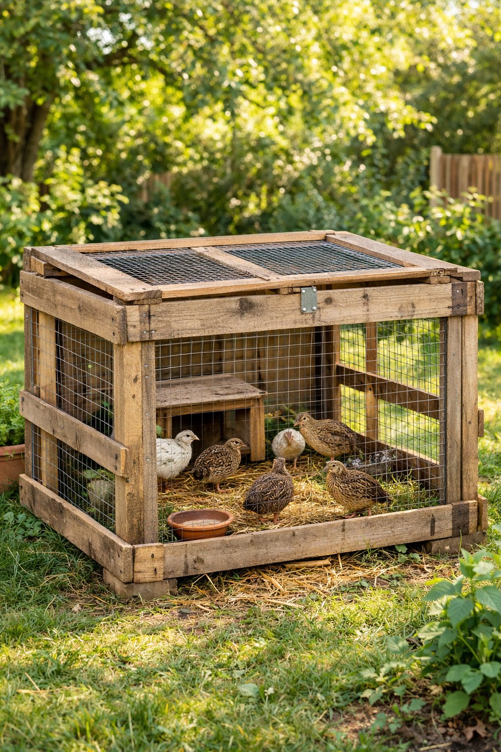 A backyard quail enclosure made from repurposed wooden pallets with quails inside and green garden surroundings.