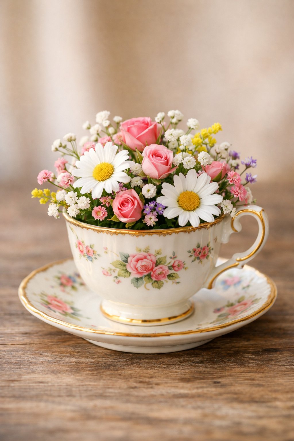 A vintage teacup filled with a small, colorful flower arrangement on a wooden surface.