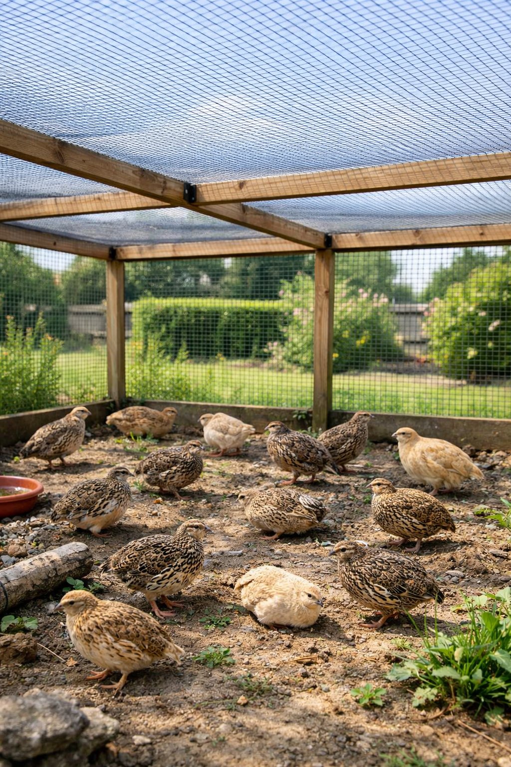 Sixteen quails inside a mesh-covered outdoor enclosure sunbathing on natural ground surrounded by a garden.