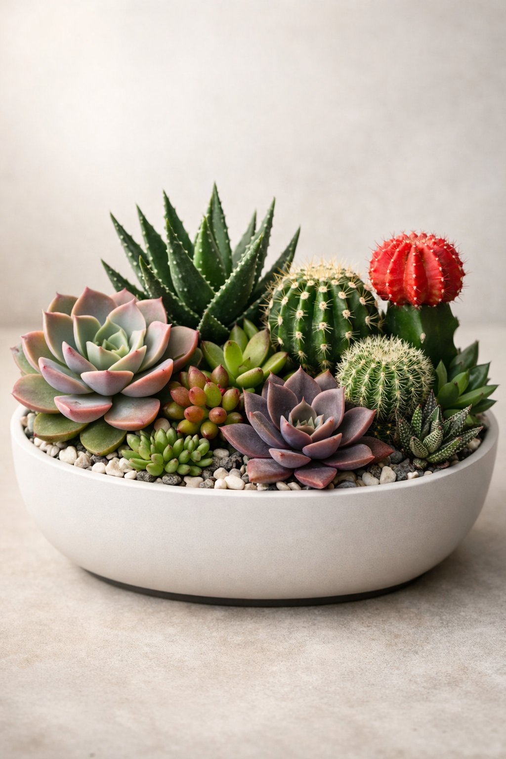 A mixed planter with various succulents and cacti arranged together in a decorative container.