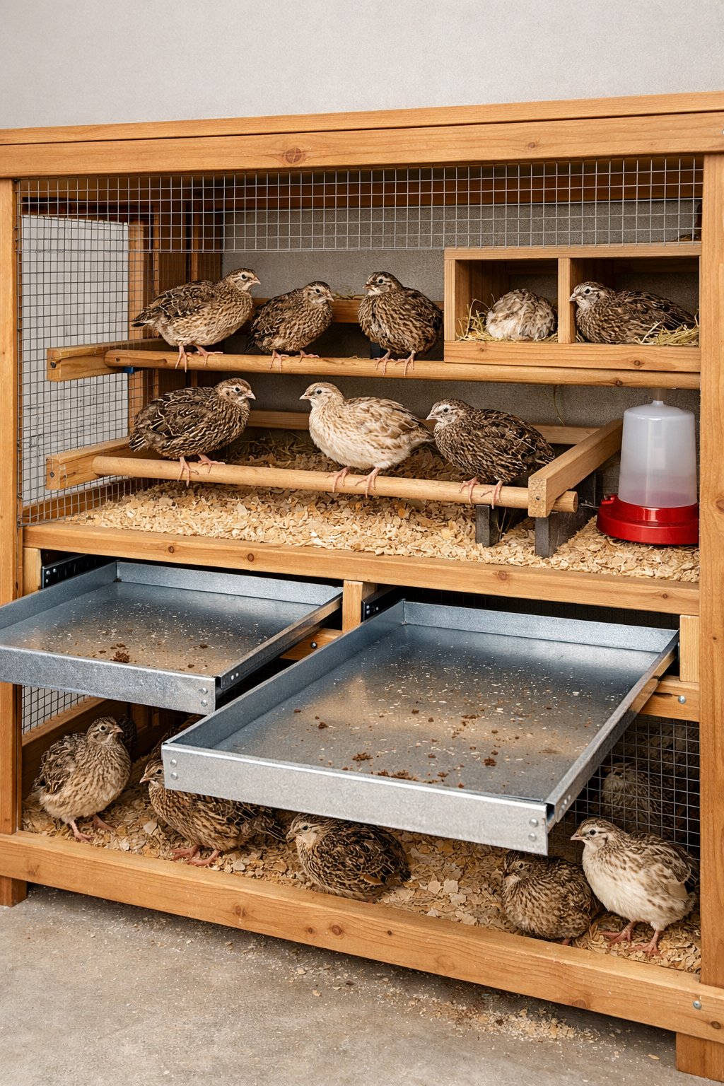 A quail coop with removable trays for cleaning droppings, housing several quails inside a wooden and wire mesh enclosure.
