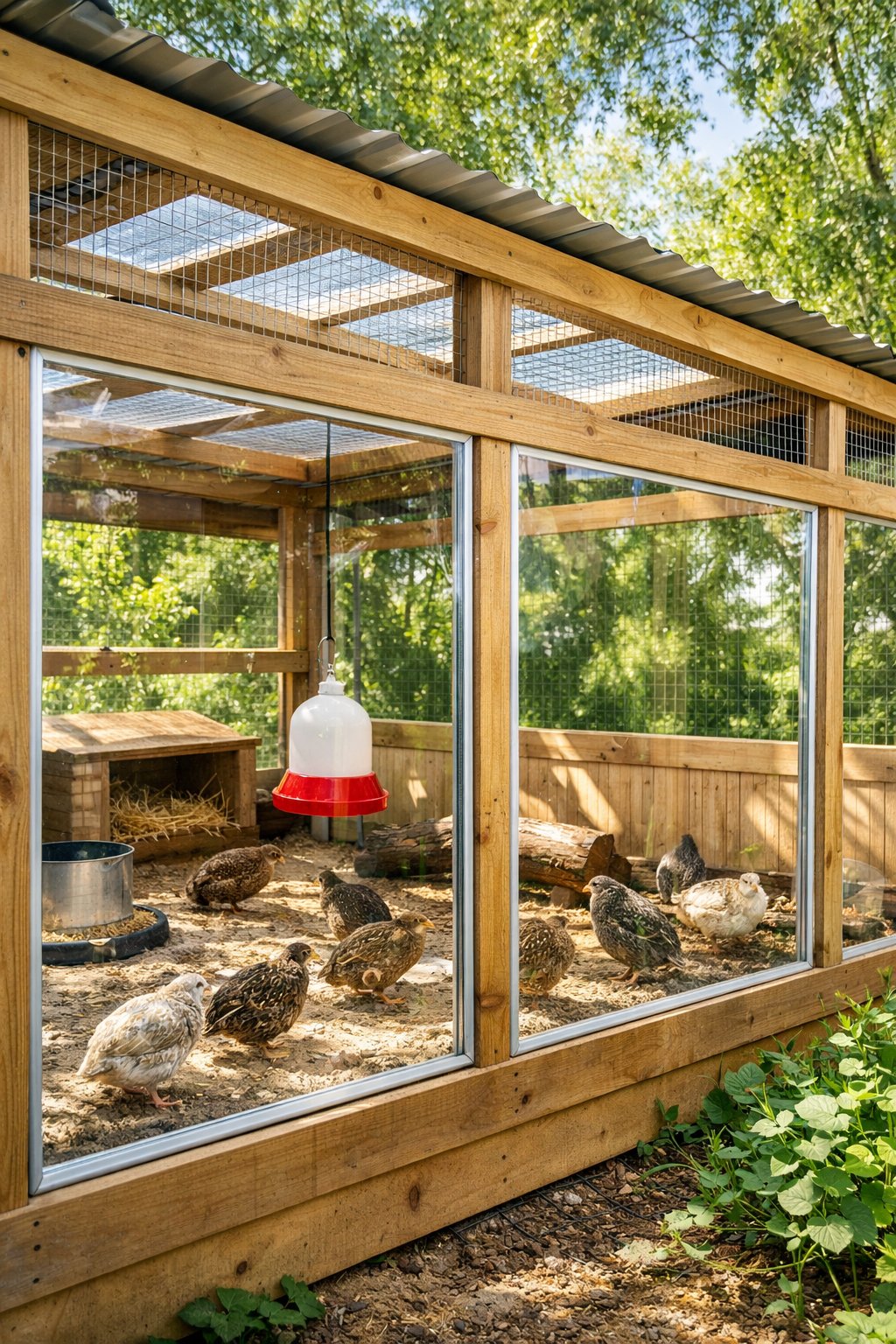 Outdoor quail enclosure with clear PVC panel windows letting in natural sunlight and quails inside.