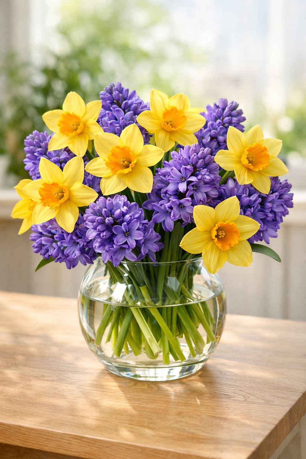 A vase with yellow daffodils and purple hyacinths arranged on a wooden table with soft natural light.