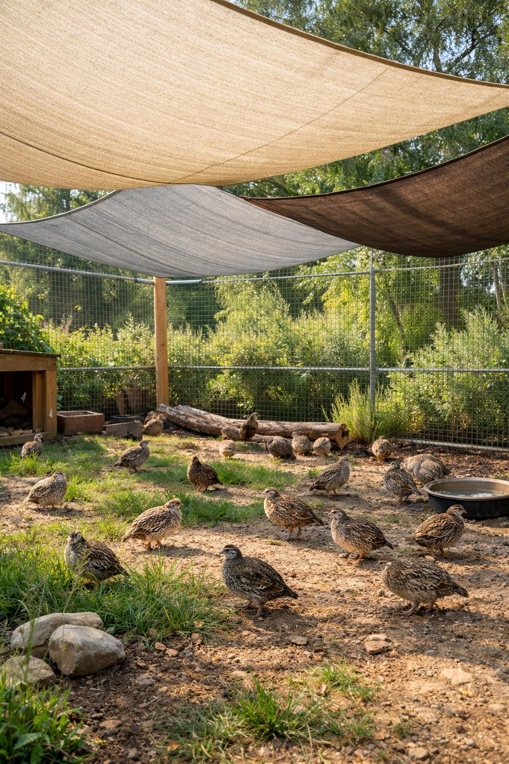 Outdoor quail enclosure with shade sails providing shade to multiple quail on natural ground surrounded by plants.