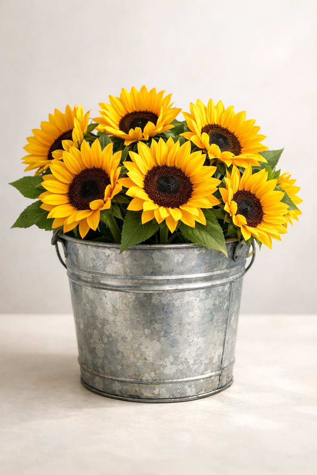 A galvanized metal bucket filled with bright yellow sunflowers on a plain background.