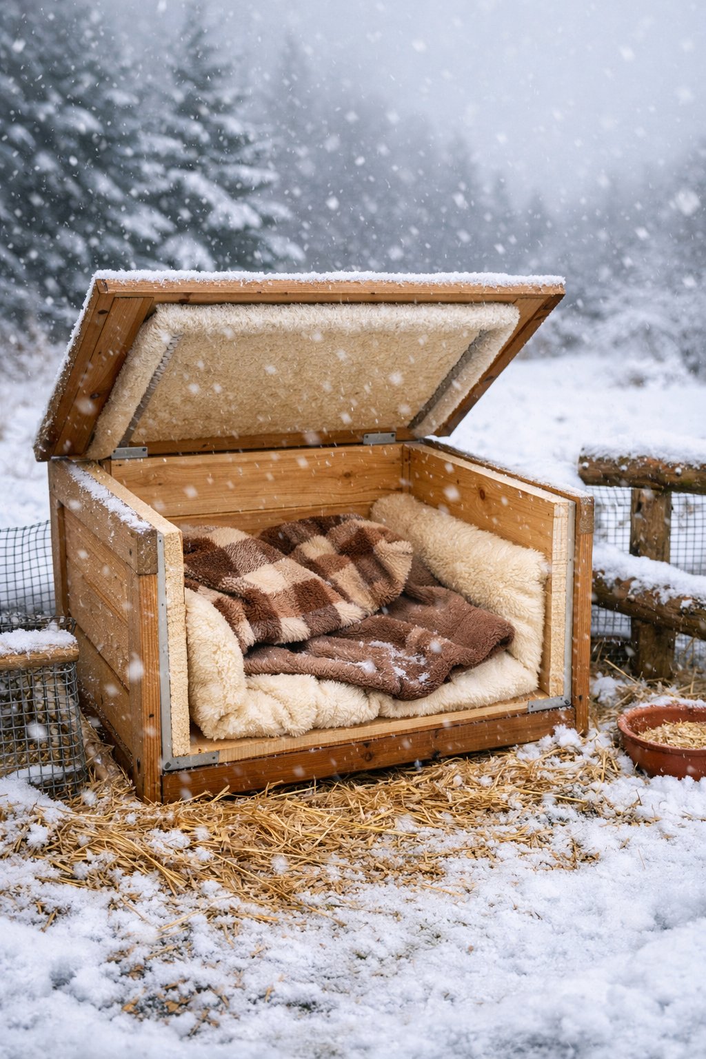 An insulated wooden box with soft bedding inside, set outdoors in a snowy winter scene with fencing and natural elements around it.