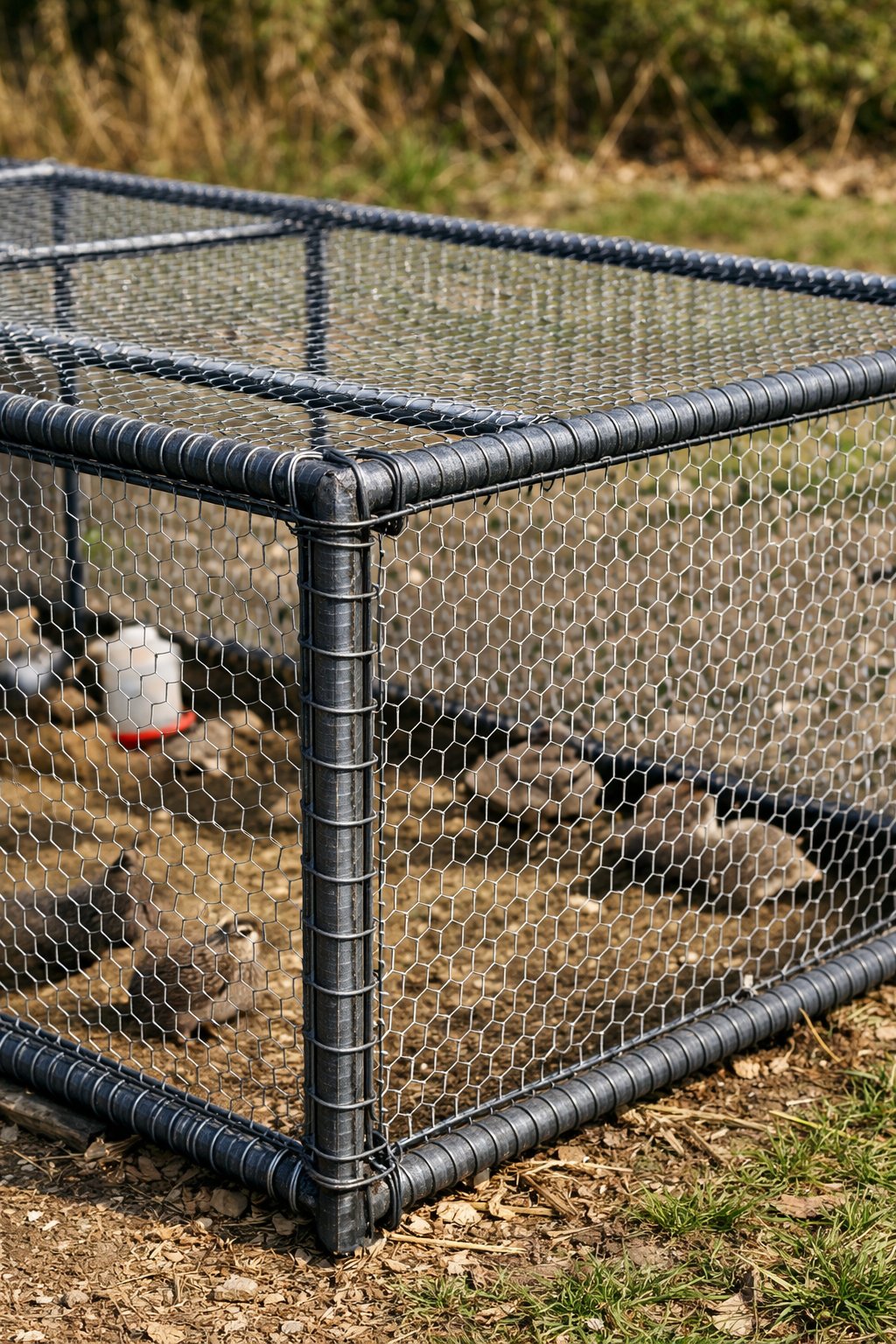 A sturdy quail enclosure made of rebar frame wrapped with chicken wire outdoors.