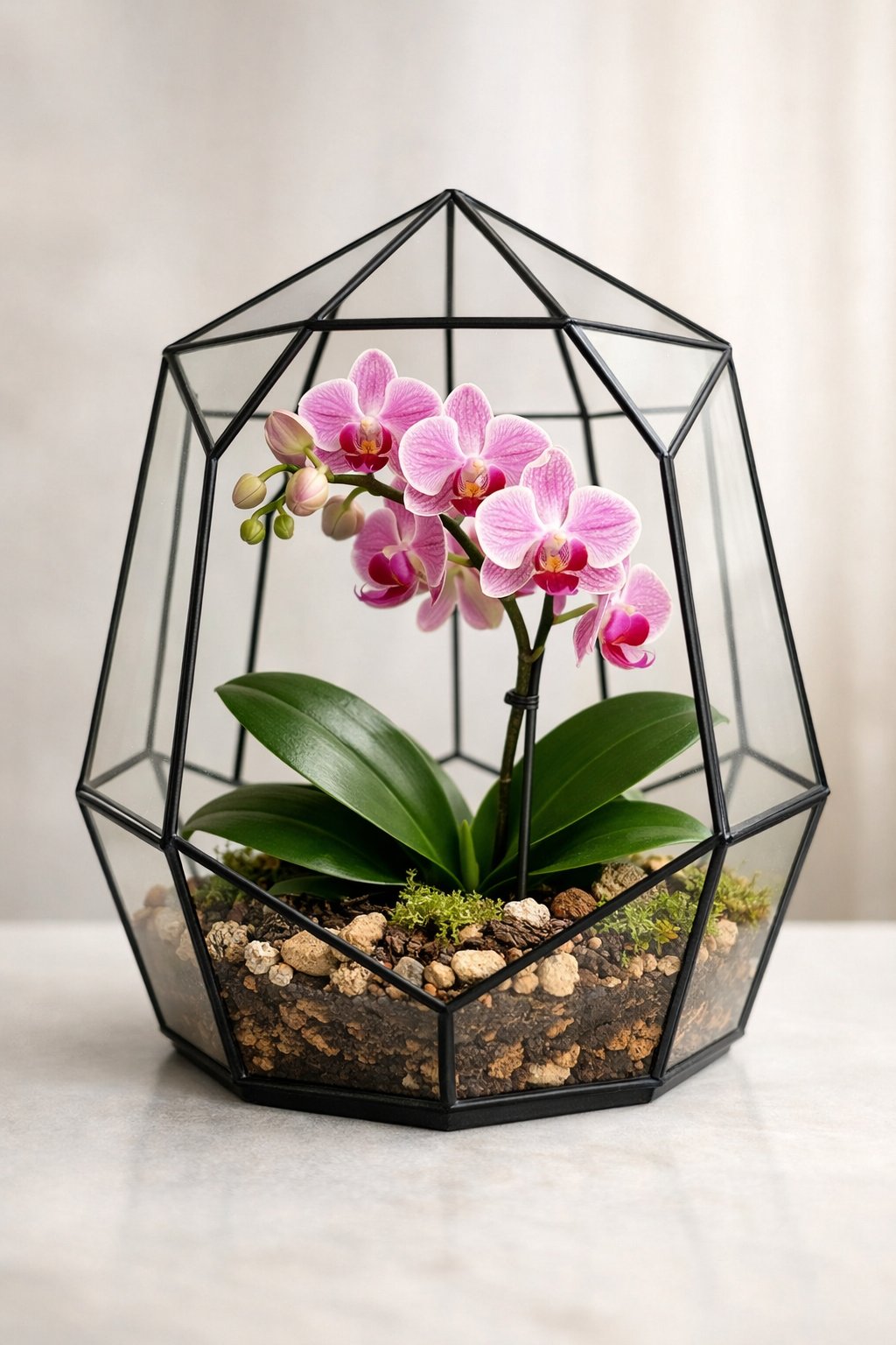 An orchid plant with pink and white flowers inside a geometric glass terrarium.
