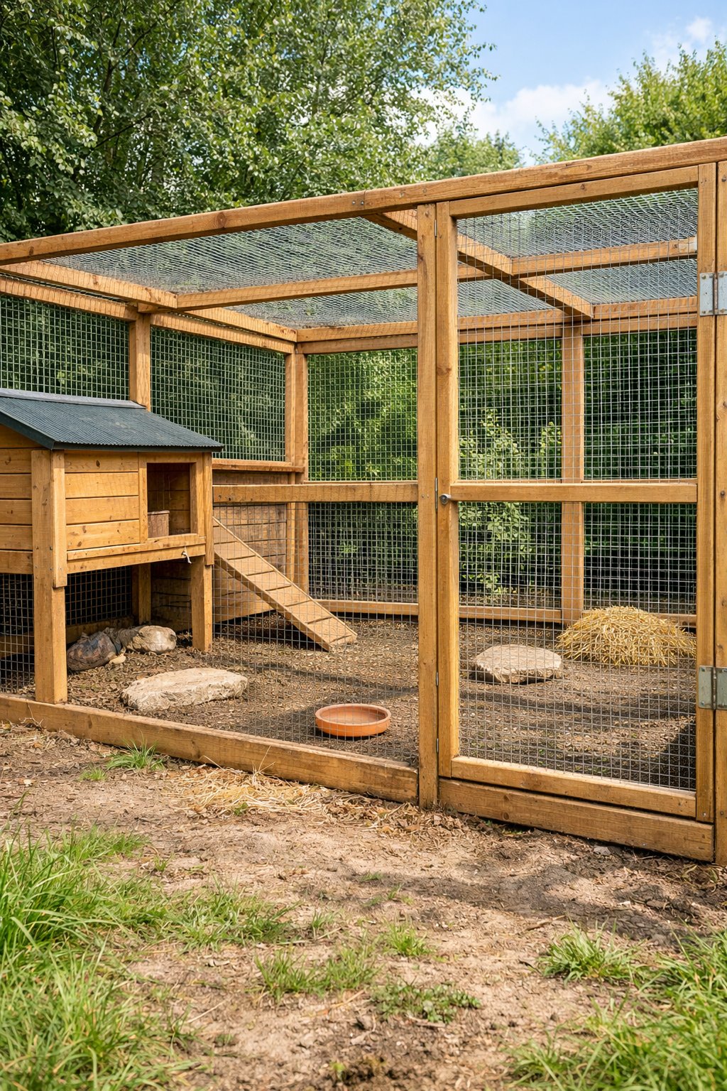 A wooden framed quail enclosure with attached wire run outdoors surrounded by grass and plants.