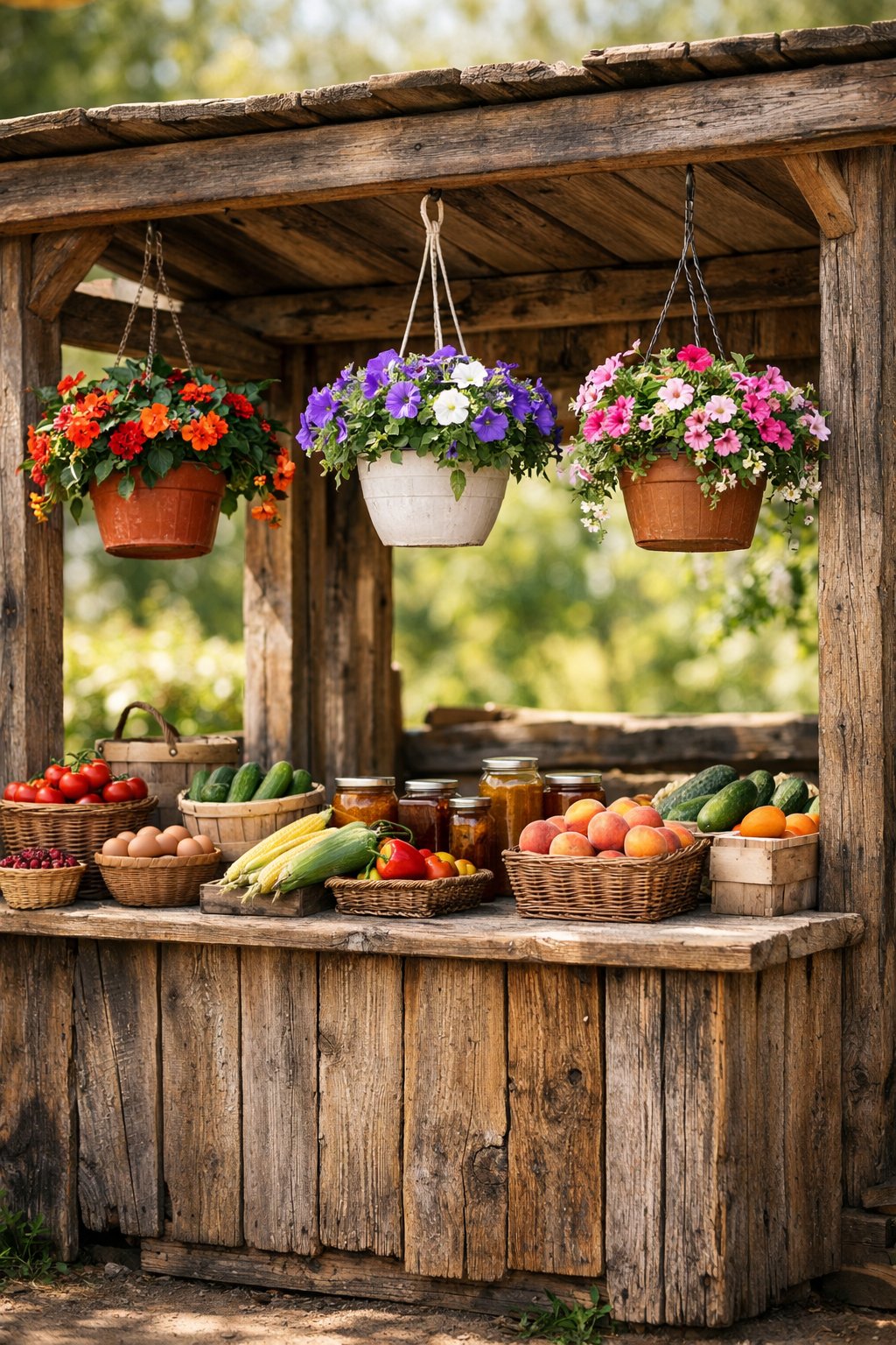 A rustic wooden farmstand with hanging flower pots filled with colorful flowers.