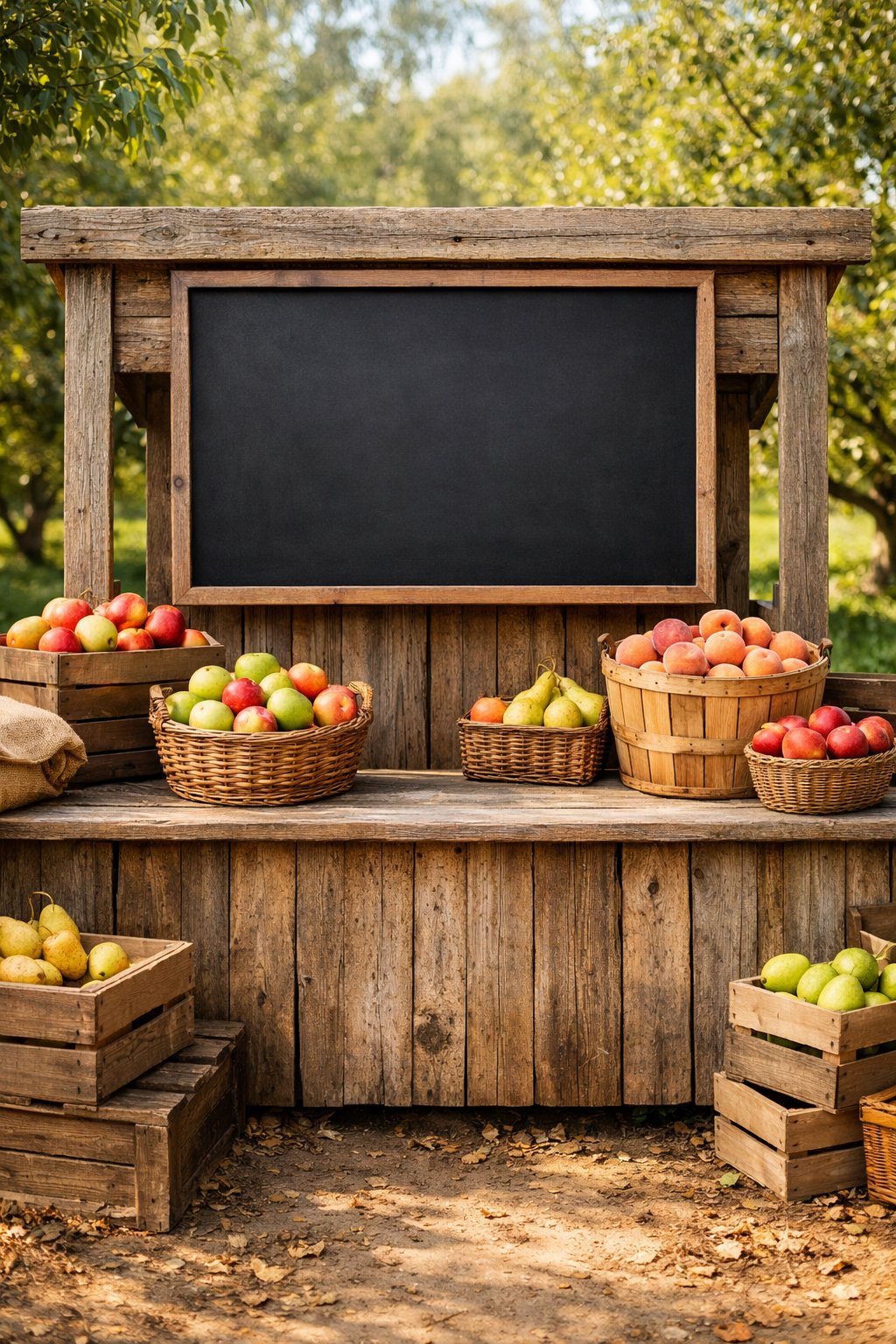 A rustic wooden orchard stand with a blank chalkboard and baskets of fresh fruit surrounded by green trees.