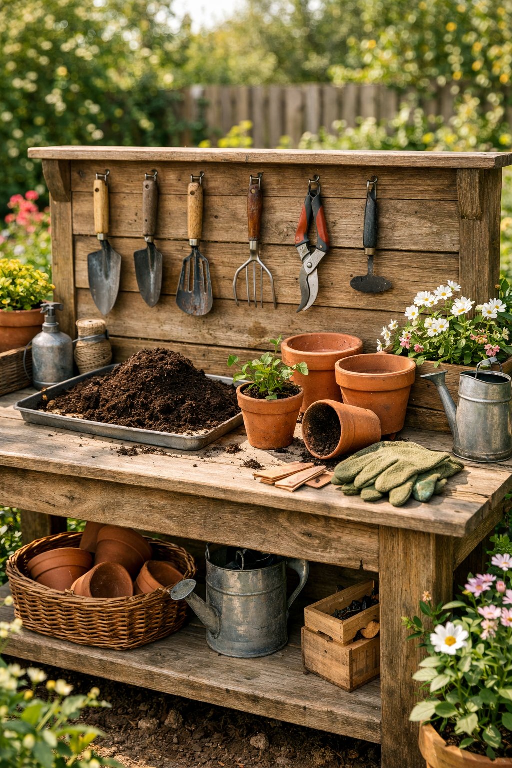 A rustic wooden potting bench outdoors with gardening tools hanging on hooks and gardening supplies on the bench.