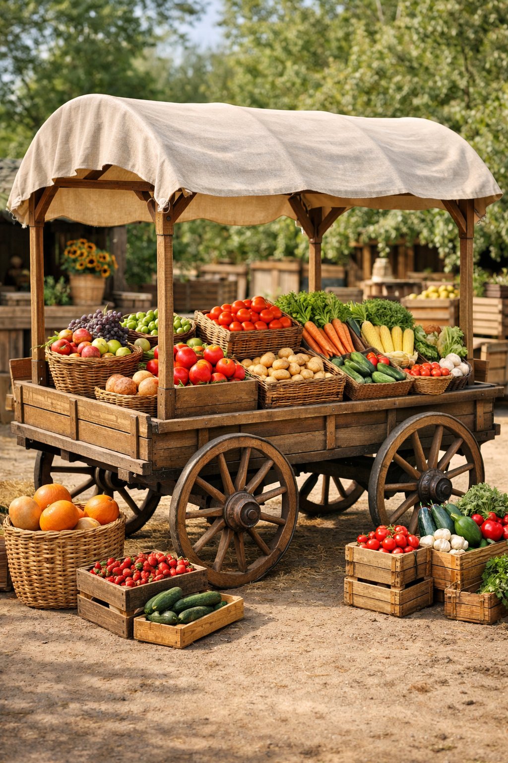 A vintage wooden wagon market cart with a canvas canopy displaying fresh fruits and vegetables outdoors.