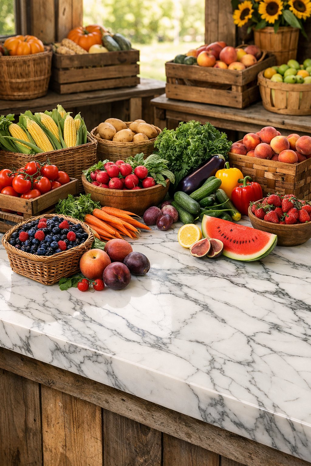 A farmstand with a white marble countertop displaying fresh fruits and vegetables in wooden crates and baskets.