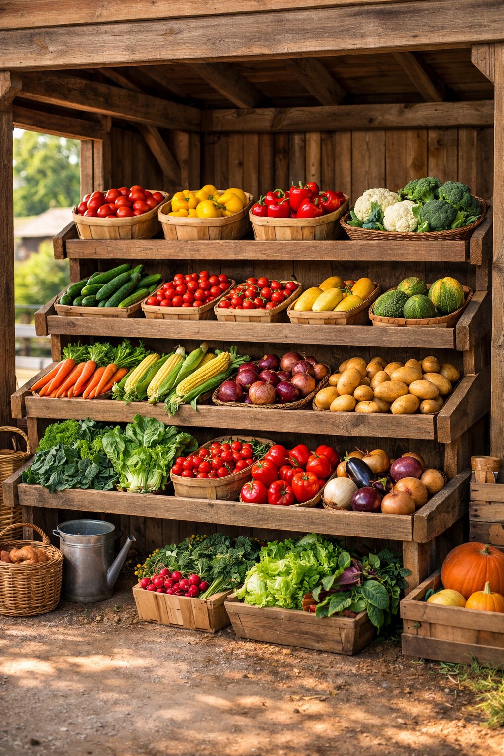 Open-front shed with tiered wooden shelves displaying fresh fruits and vegetables.