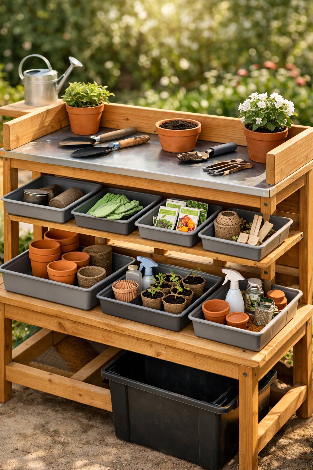 A wooden modular potting bench with removable trays holding gardening tools and supplies in a garden setting.