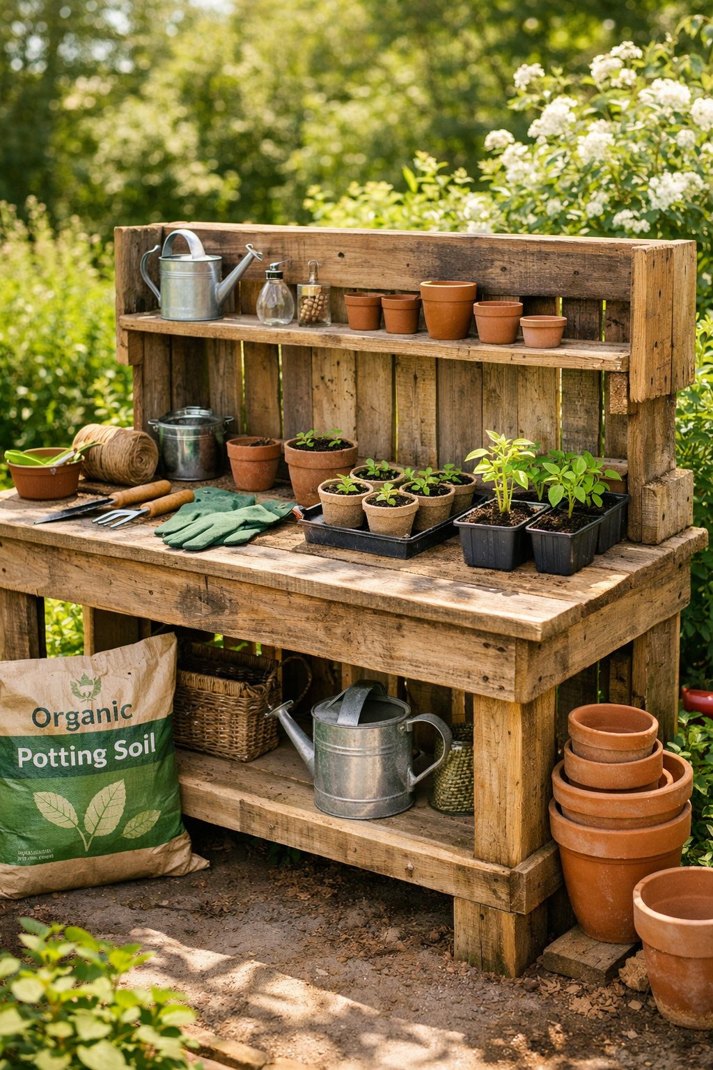 An outdoor wooden potting bench made from reclaimed pallet wood with gardening tools, pots, and plants arranged on and around it in a garden setting.