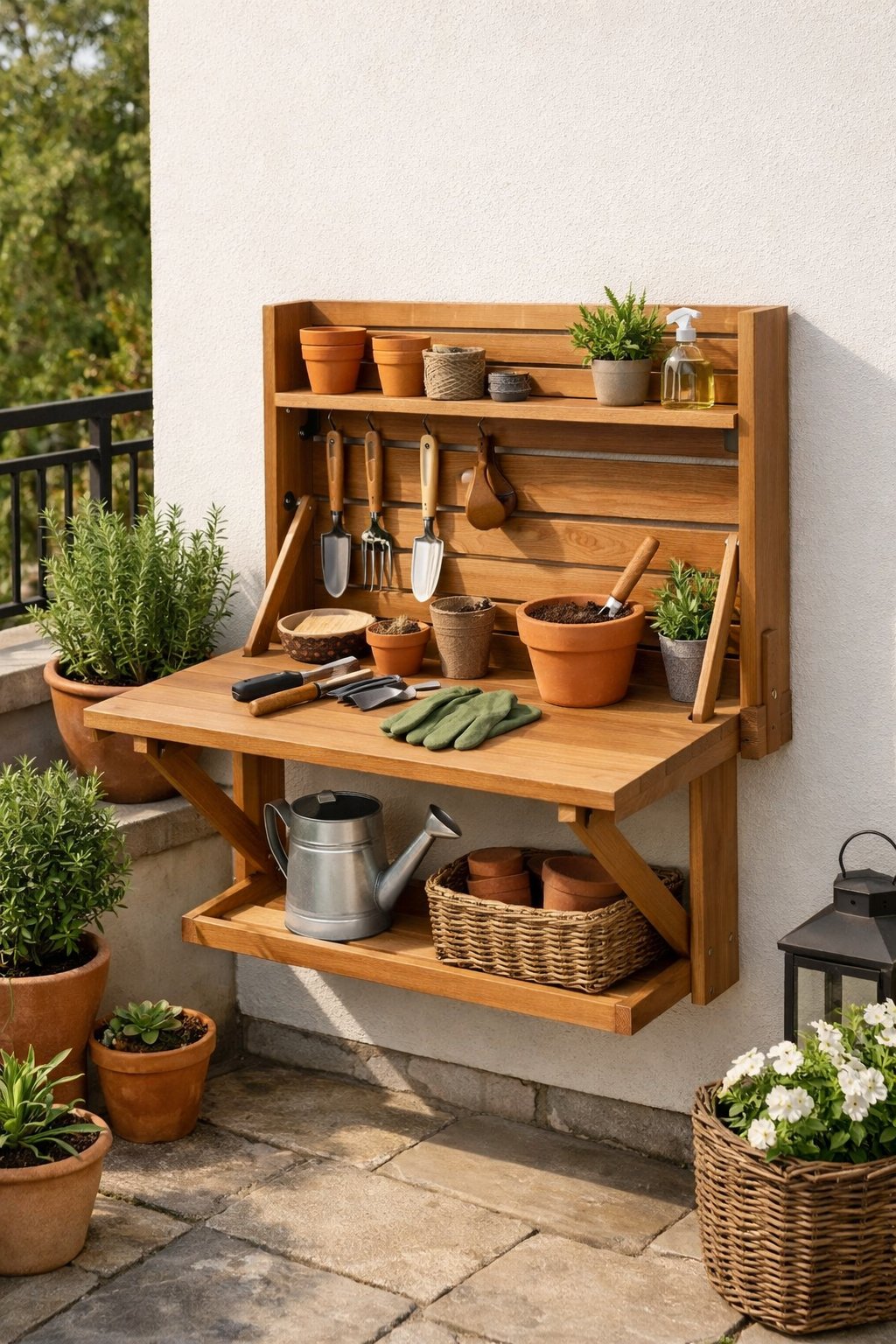 Foldable wall-mounted wooden potting bench on a small patio with gardening tools and potted plants.