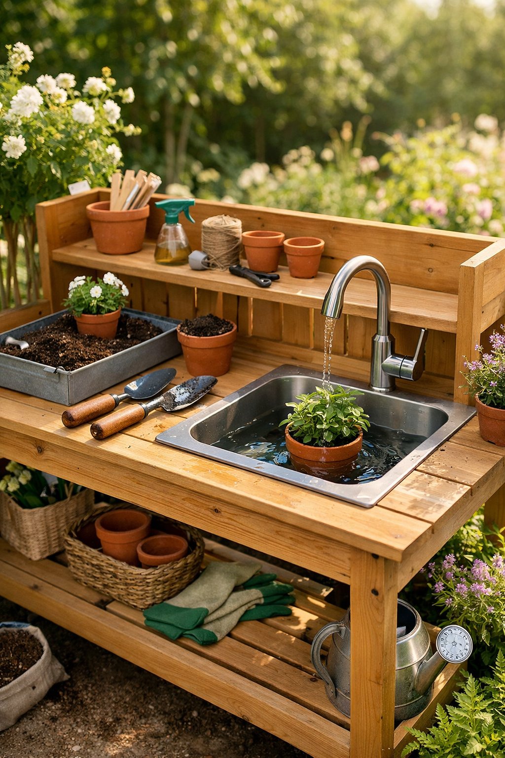 A wooden potting bench with an integrated sink surrounded by gardening tools and plants in a garden.
